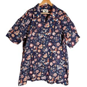 Yiume Men's Asian Peacock Short Sleeve Hawaiian Button Down Shirt Navy Blue XXXL